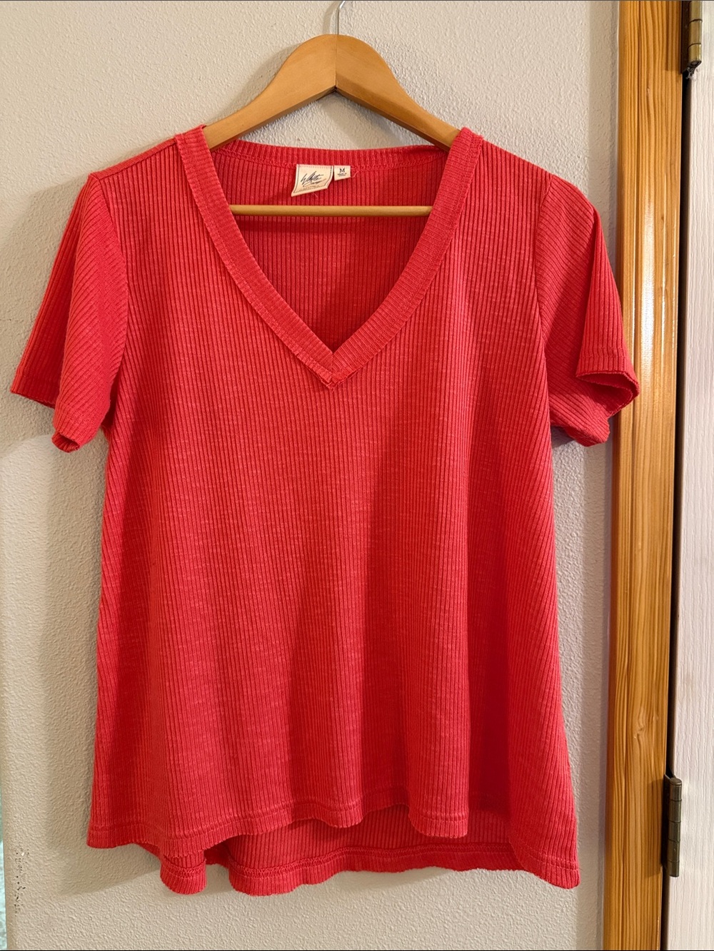 White Crow Ribbed V-Neck Short Sleeve Tee in Dark Coral